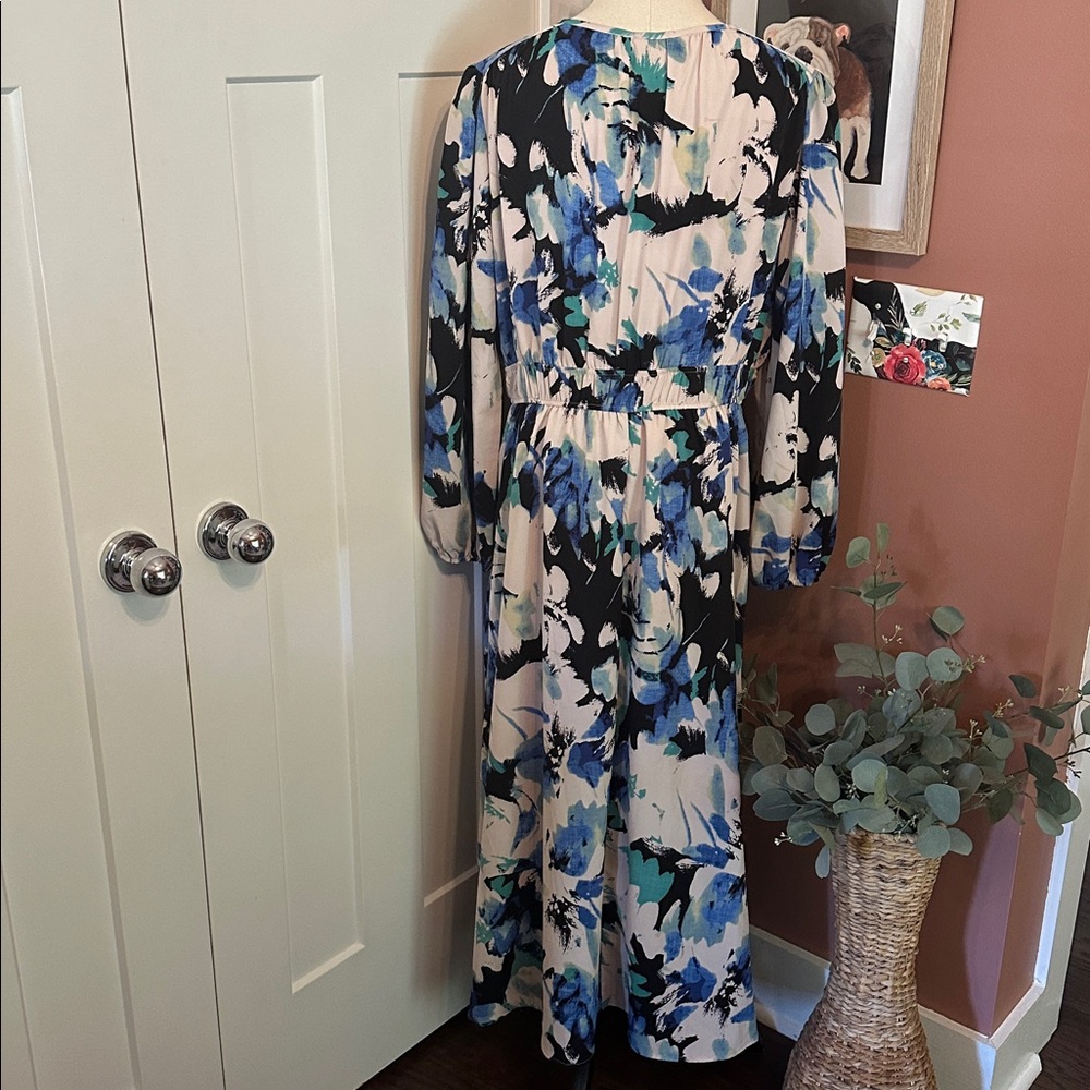 PrettyGarden Floral Blue cream Black watercolor vneck long sleeve XL Maxi Dress - Picture 10 of 16